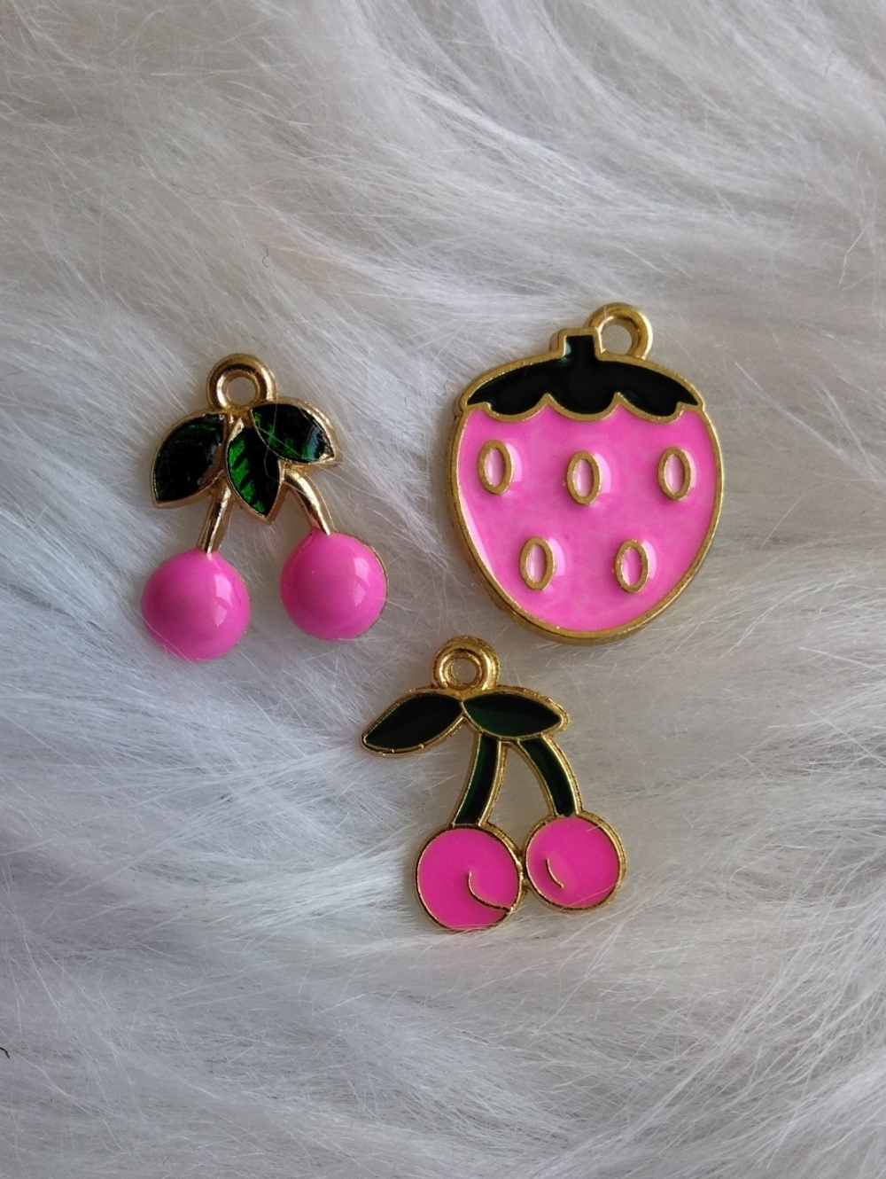 Pink Cherry And Strawberry Gold Tone Charm Set - Picture 1 of 4
